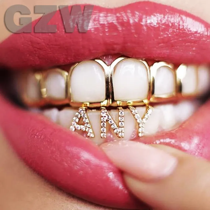 Grillz personnalisé en or blanc avec nom de A à Z et lettres, diamètre complet, zircone cubique, dents Bg, bricolage, grils Fang, capuchon de dent inférieur, hanche_voghion.com