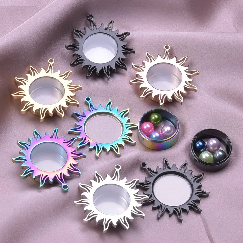 Collane con ciondolo 1 pezzo in acciaio inox Boho Sole galleggiante Medaglione con immagine vivente spesso rotondo Urna commemorativa per ceneri Relicario_voghion.com