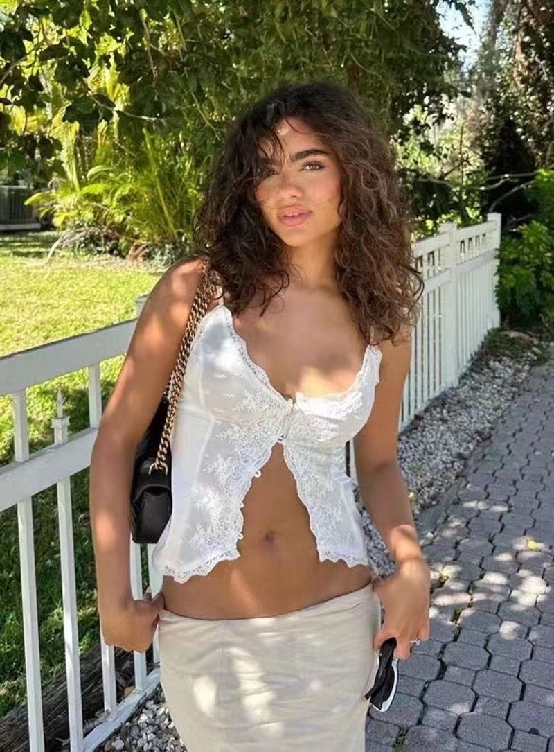 Nouveau haut d'été en satin et dentelle blanche pour femme, coupe slim, petit caraco à boutons, 3403_voghion.com