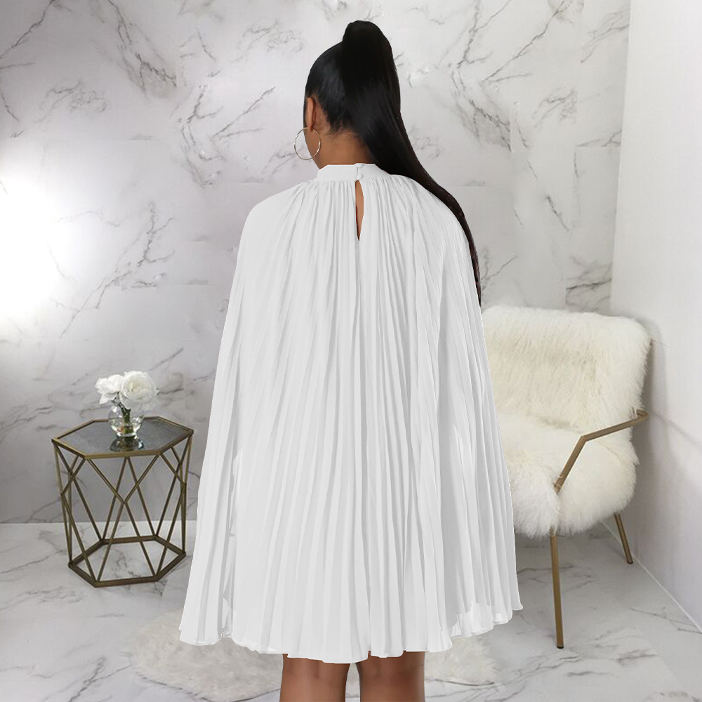 Women's Solid Colour Loose Bat Sleeve Pleated Chiffon Dress_voghion.com