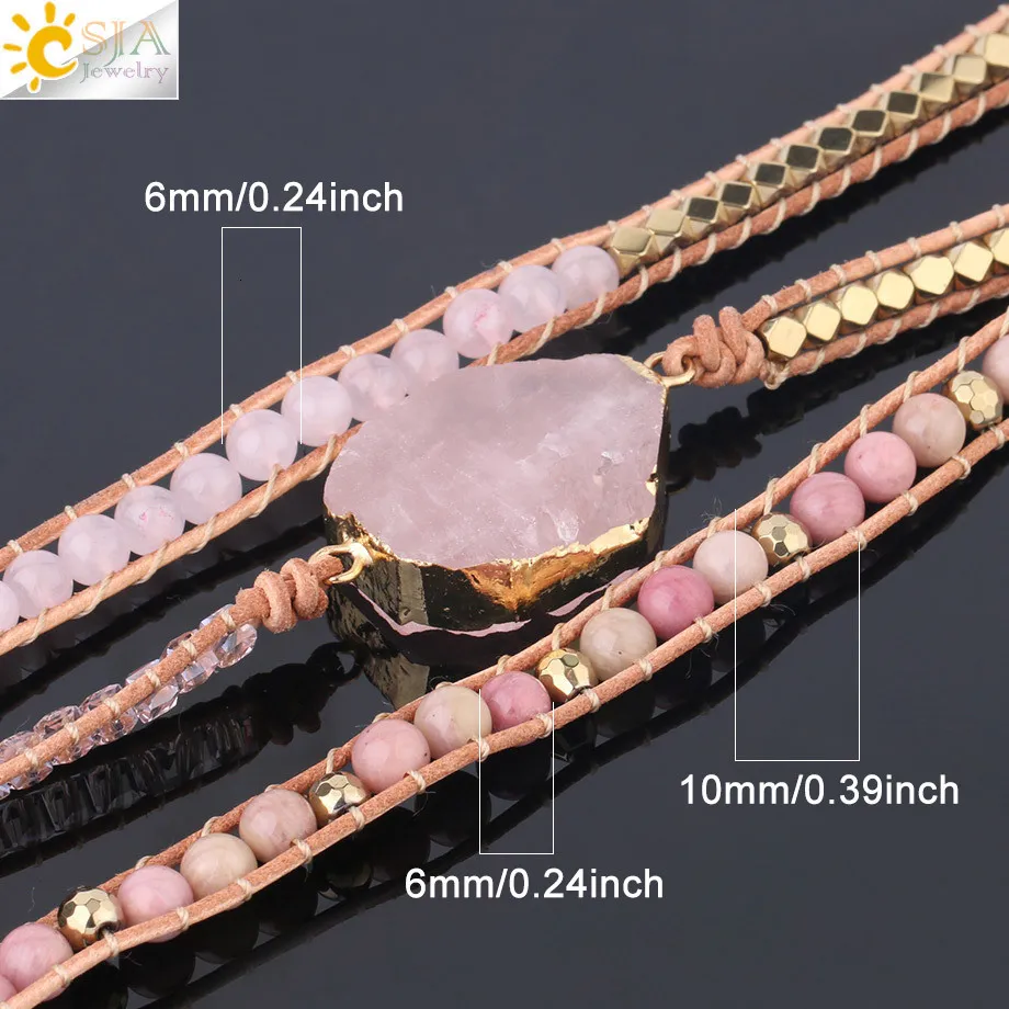 Charm CSJA Naturstensarmband Rosa Kvarts Läderarmband för Kvinnor Rosenstenar Kristallpärlor Bohemiska Smycken 5_voghion.com