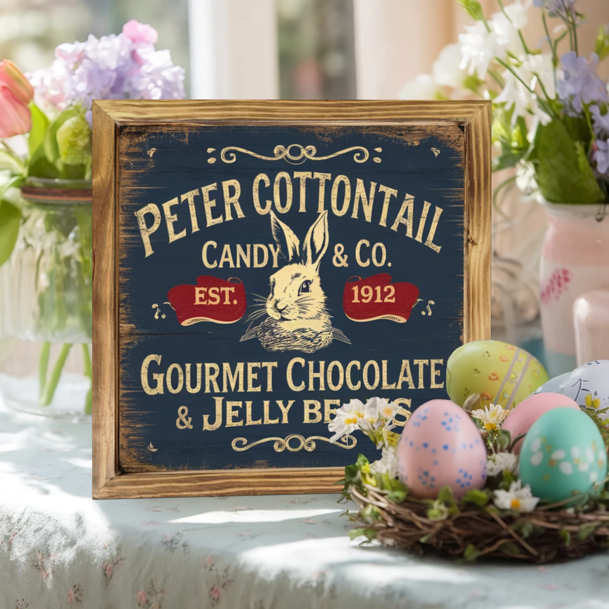 Vintage 'Peter Cottontail Candy Co.' Wooden Sign - 8x8" Farmhouse Wall Art. Perfect For Kitchen, Office Or As A Housewarming Gift._voghion.com