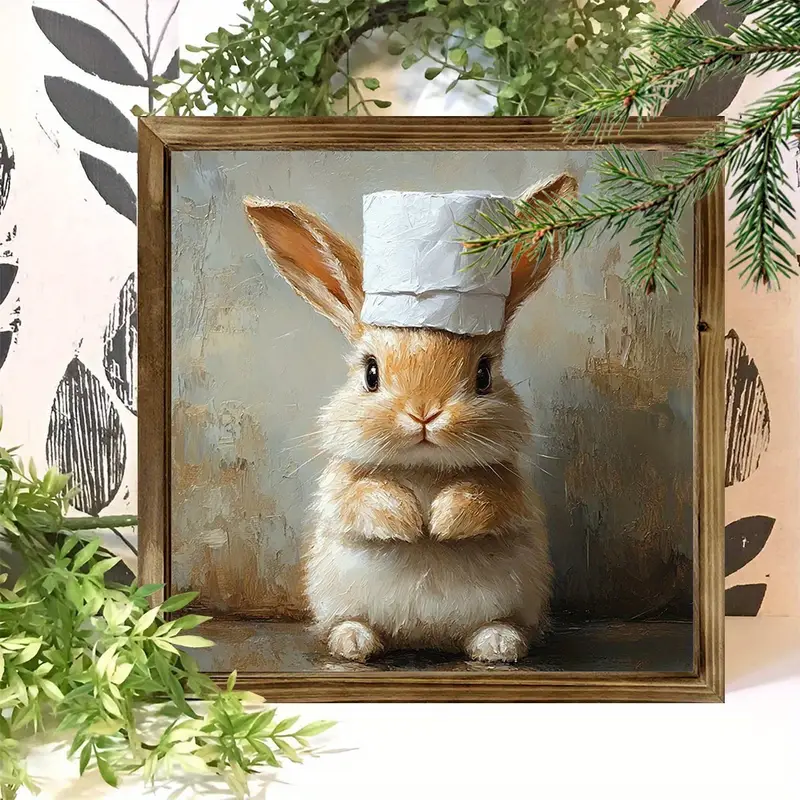 "8x8" Rustic Chef Bunny Wood Sign - Arte stravagante con rotolo di carta igienica per bagno/bar, decorazione da fattoria incorniciata, regalo perfetto per gli amanti dei conigli_voghion.com