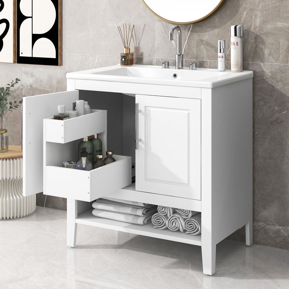 30' Bathroom Vanity With Sink, Multi-functional Bathroom Cabinet With Doors And Drawers, Solid Frame And MDF Board, White_voghion.com