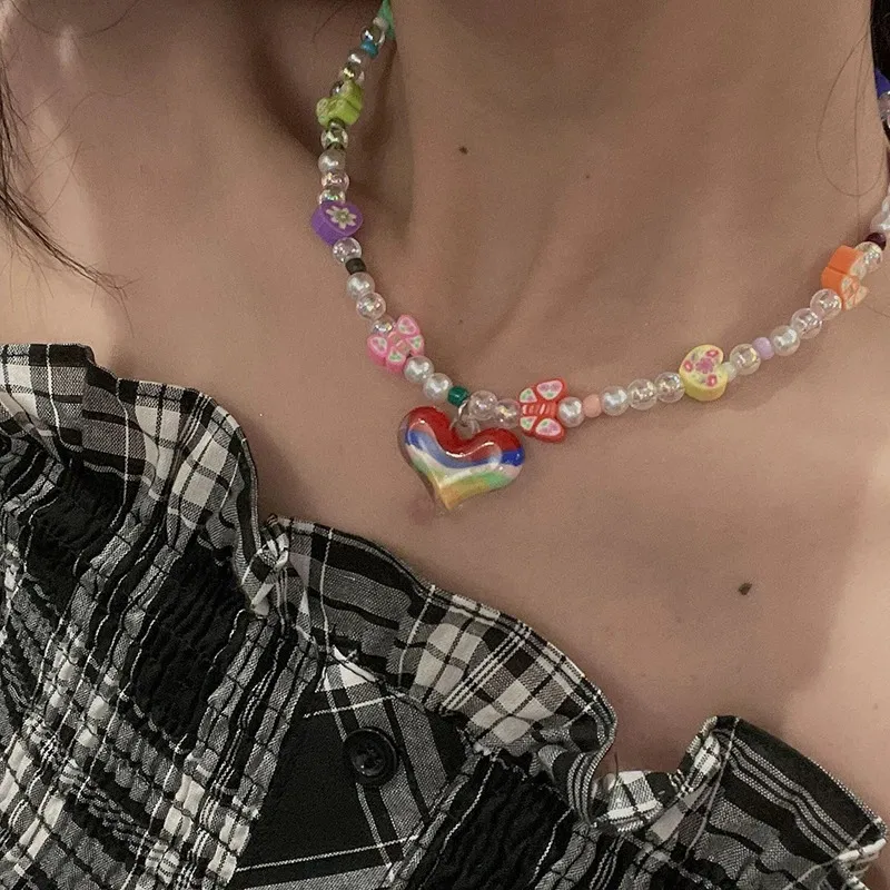 Collar con colgante de corazón y cereza mujer estilo y2k boho_voghion.com