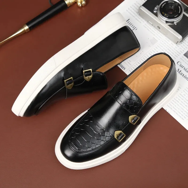 Retro-Mode Herren Schwarz Braun Flats Monk Strap Lederschuhe Casual Loafers Formelle Kleidung Schuhe atos Hombre_voghion.com