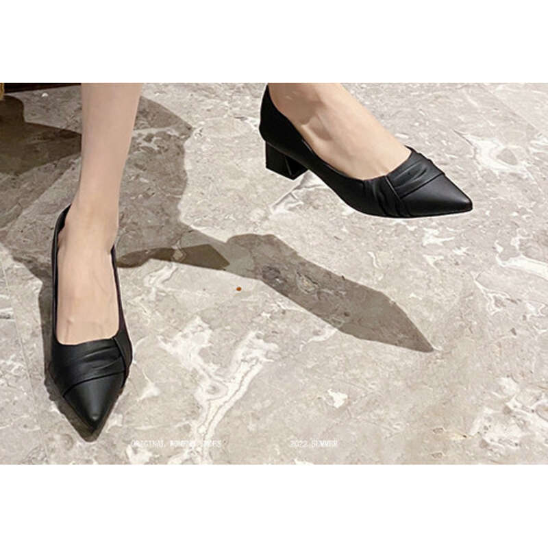 Short Heel Network Star New Pointed Toe Shallow Mouth Medium Low Heel Shoes_voghion.com