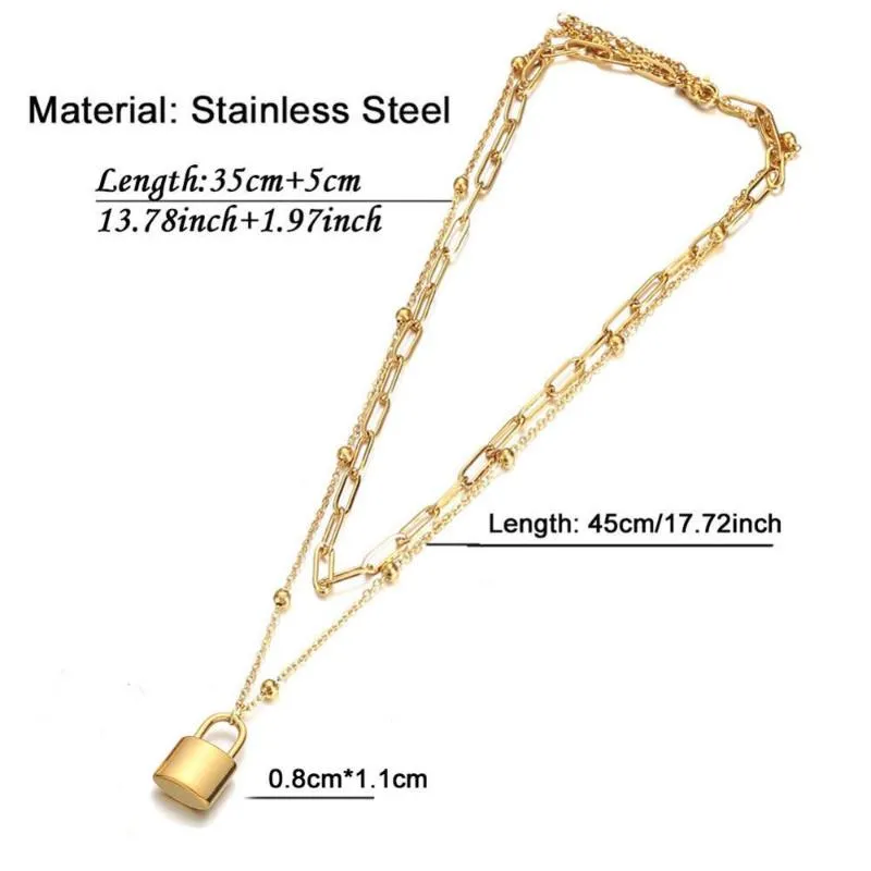 Collane con ciondolo Collana con lucchetto a catena in acciaio inossidabile per donne Catene a doppio strato Ciondoli dorati Choker Gioielli_voghion.com