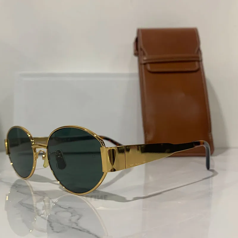 Mujeres Triomphe Oval 40235 Patas de espejo de metal Lente verde Gafas de sol Retro Pequeño marco redondo Mujeres pequeñas atractivas con_voghion.com