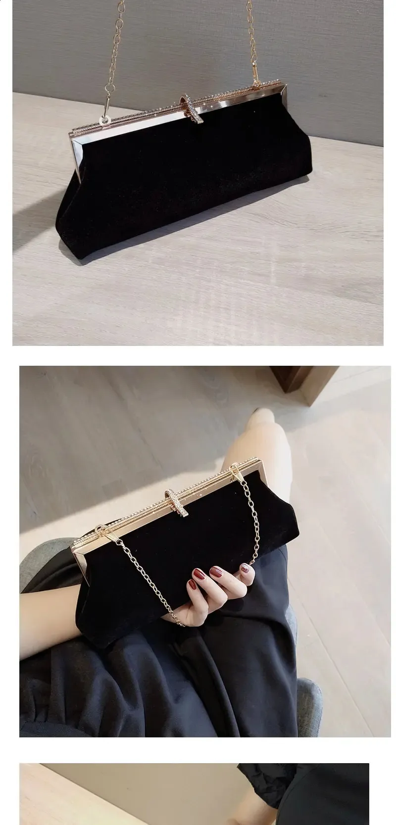 High-end Women Veet Evening Bag Fashion Fish Hook Lock Clutch Purses Female Handbags Chain Shoulder Bags for Wedding_voghion.com