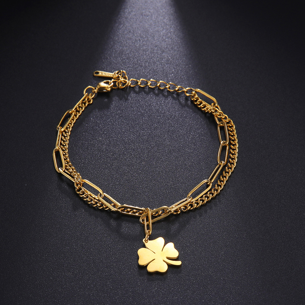 Layered Style Titanium Steel Bracelet Four-Leaf Clover Double Layer Chain High-End Niche Design Jewelry