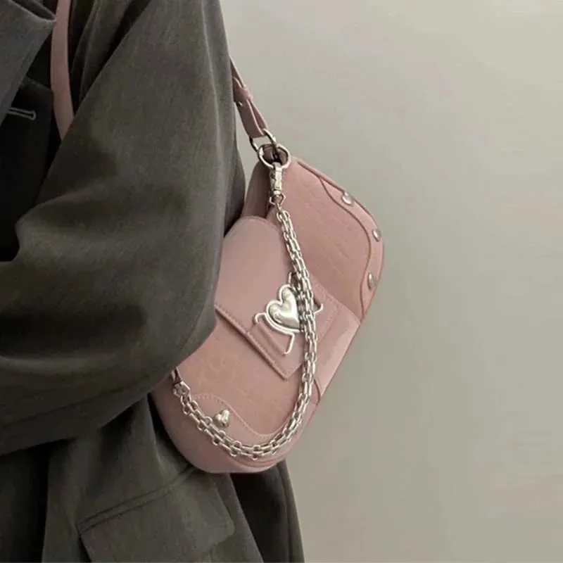 Frauen schulter metall kette herz-förmigen dekoration Y2K stil unterwäsche tasche süße frauen mode handtasche Y241116_voghion.com