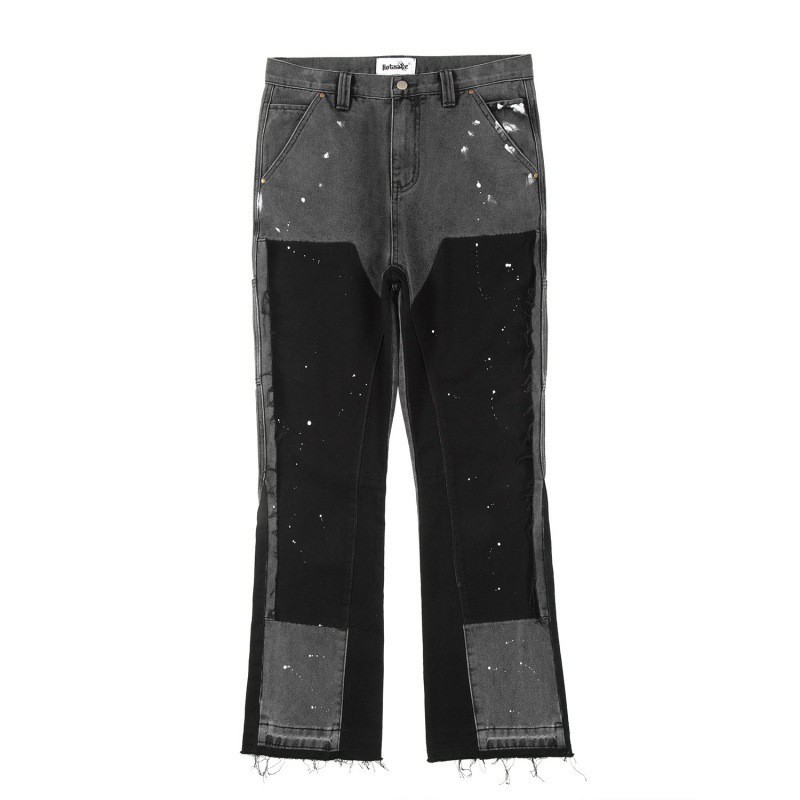 Men's High Street Washed Distressed Stitching Logging Jeans Men's Retro Fashion Trend Ink-Splashed Print Wide-Leg Trousers