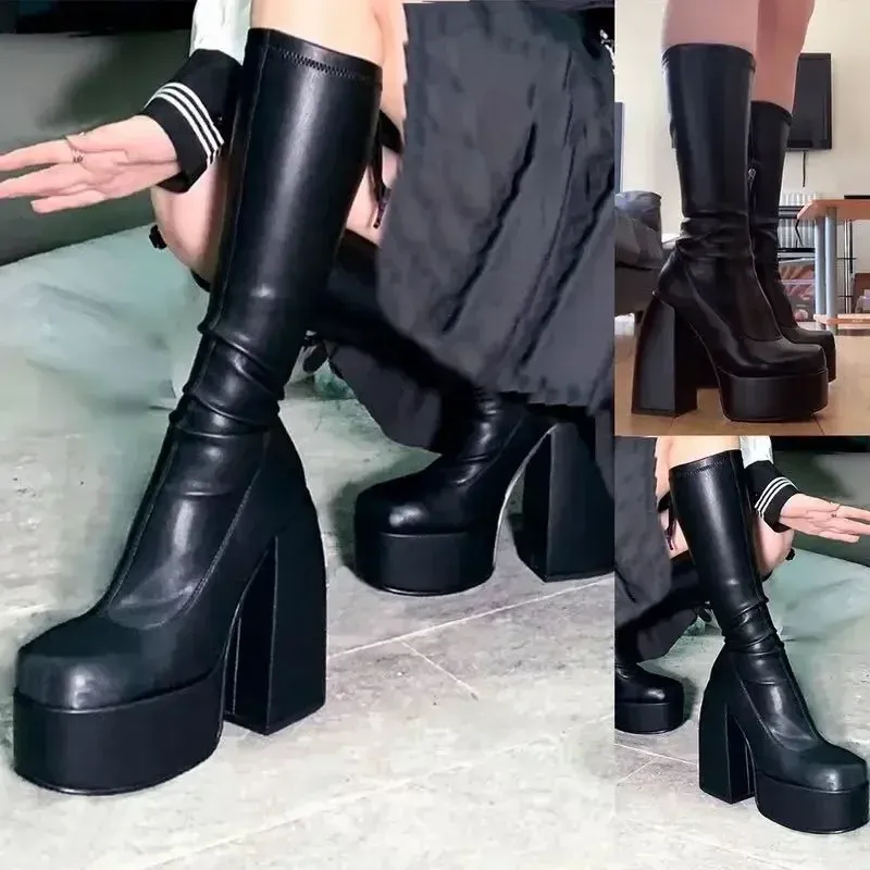 Botas femininas de salto plataforma, elásticas, cano curto, designer, cano alto, tendência feminina, cano alto, pretas, góticas, inverno_voghion.com