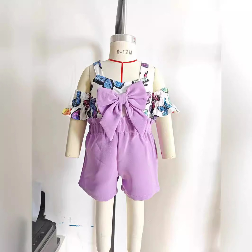 Mamma e bambini 2024 Estate Nuove neonate europee e americane Dolce farfalla Stampa Bretelle Top e pantaloncini Set a due pezzi_voghion.com