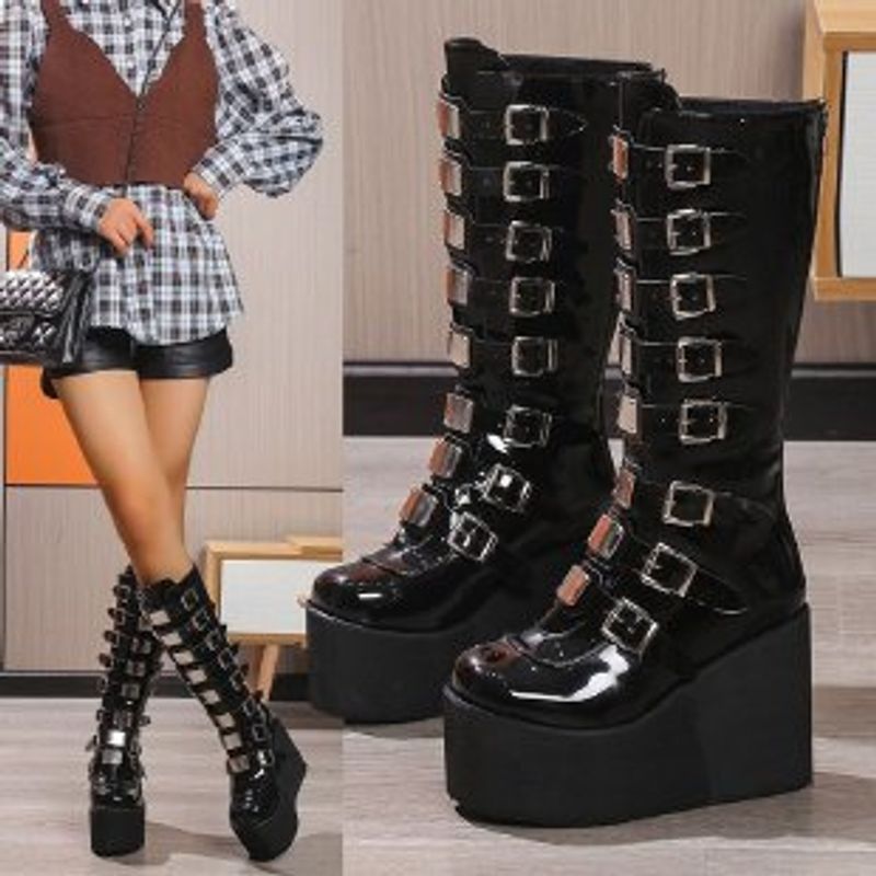 Demonia Buckle Thick Sole 2023 New Gothic Slope Heel High Barrel Women's Punk Style Spicy Girl Knight Boots_voghion.com