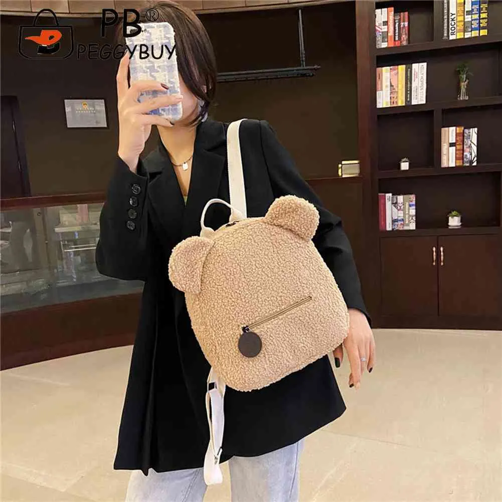 Casual Fleece Bear Shaped Shoulder Cute Women Backpack Children School Bag Travel Rucksack Solid Color Handbag_voghion.com