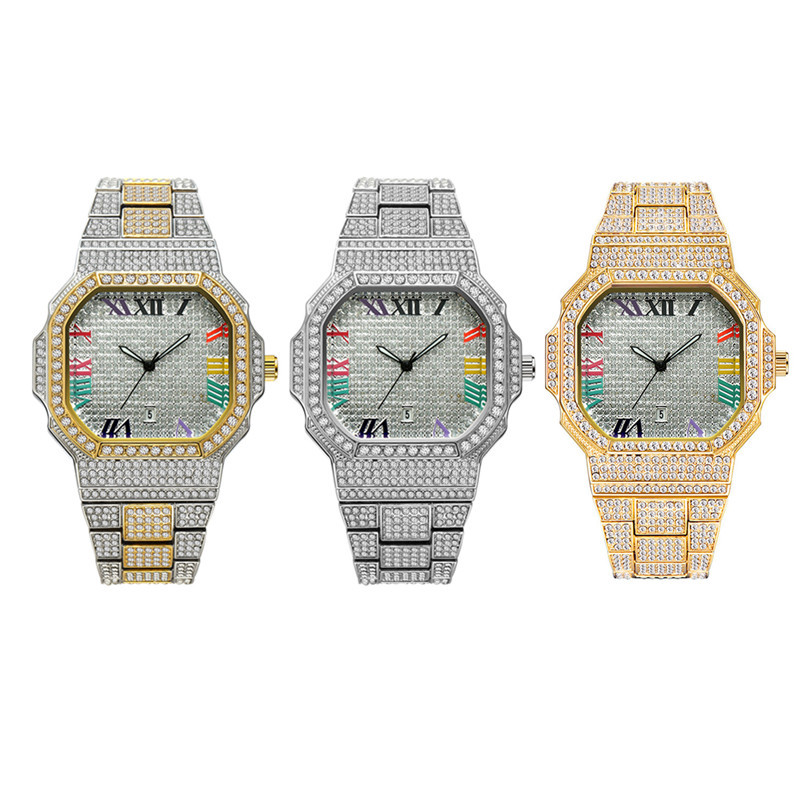 Men's Luxury Hip Hop Diamond Quartz Watch With Gold/Silver/Rose Gold Tone, Date Display, And Stylish Design For Casual & Formal Wear_voghion.com