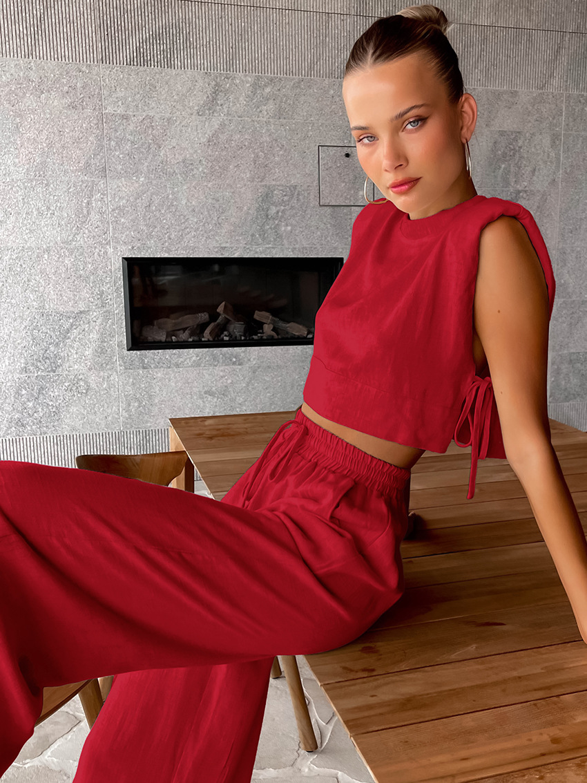 Women's Clothing Fashion cotton and linen suits style shoulder pad sleeveless tops and trousers two-piece suits_voghion.com