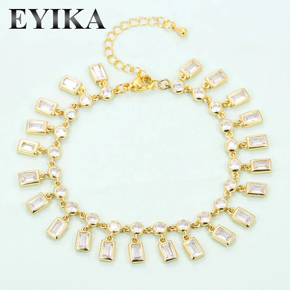 EYIKA Gold Sier Color Sparkling Round Zircon Link With Square CZ Tassel Bracelet for Women Fashion Party Jewelry 240710_voghion.com