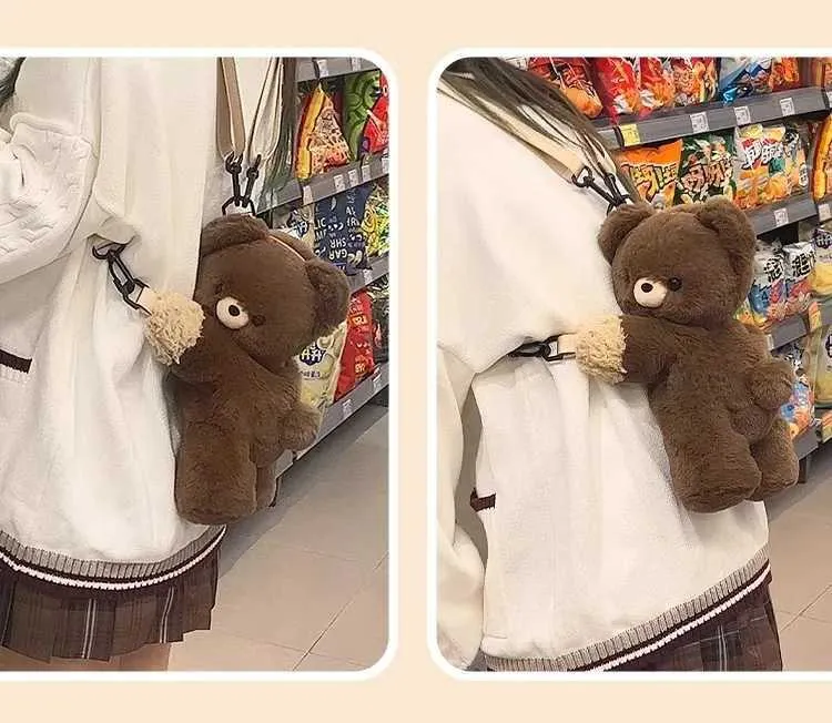 2024 Frauen süße kleine braune Bär Umhängetasche Mädchen Persönlichkeit Cartoon Puppe Plüsch RucksackC241106_voghion.com