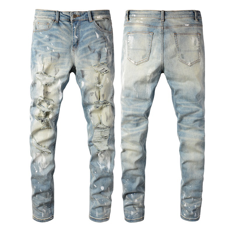 Vaqueros de hombre con parche de agujero de pintura retro de marca de moda
