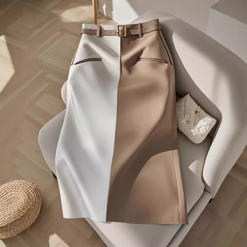 Vêtements pour femmes populaires chic unique drapé belle taille haute mince droite petite jupe de couleur contrastée pour les femmes début de l'automne