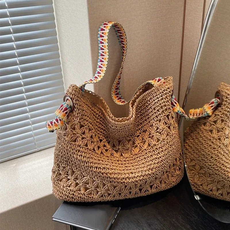 Ladies Fashion Summer Straw Crossbody Bag Women Beach Holiday Shopping Woven Shoulder Handbag Messenger Purses 240802_voghion.com