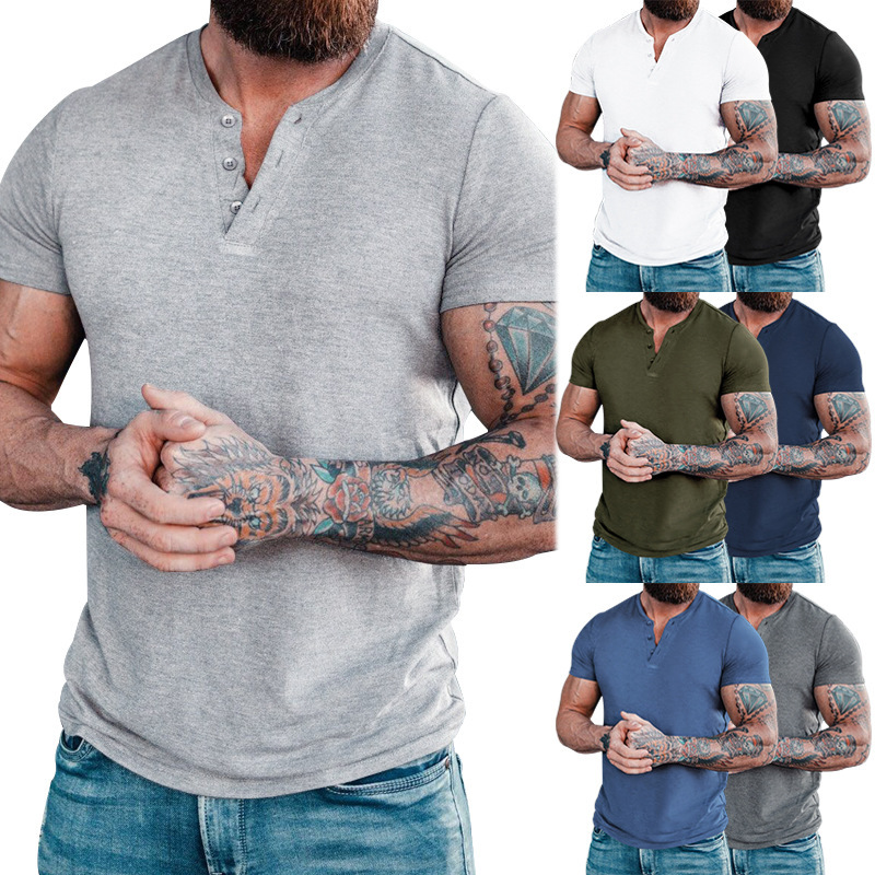 2023 Neues Sommer-T-Shirt für Herren, lässig, einfarbig, kurzärmelig, Rundhalsausschnitt, Pullover, Knopfleiste, Henley-Shirt_voghion.com