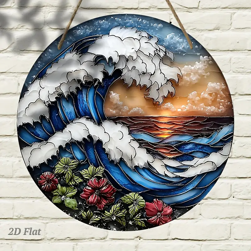 7.9in Ocean Wave Wooden Wall Art - Sunset & Floral Laser-Cut Design For Living Room & Office - Nautical Christmas/Birthday Gift_voghion.com