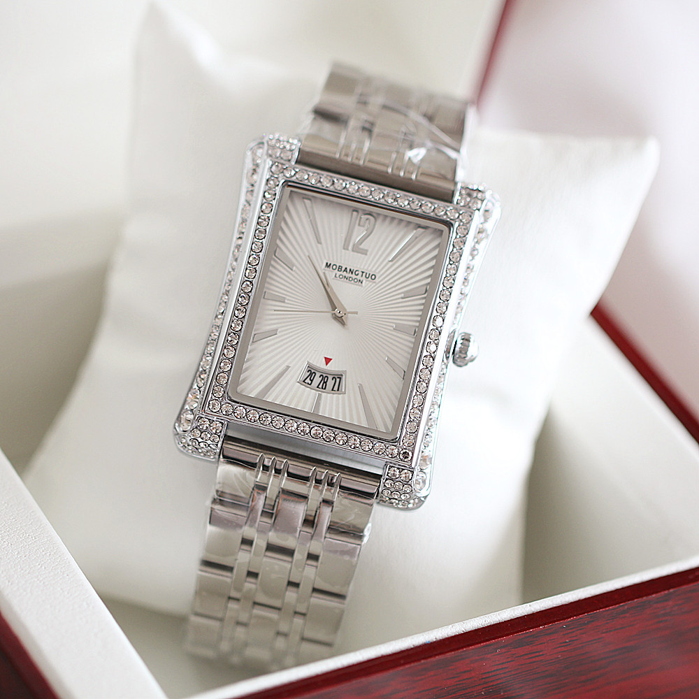 Orologio da donna per coppia, nuovo, alla moda, quadrante quadrato, calendario, cinturino in acciaio di precisione con inserto in diamanti, impermeabile e_voghion.com