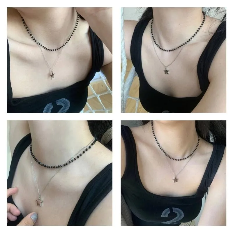 Chaînes Mode Tendance Nich Dsign Double Couche Collier Chaîne Tmpramnt Cristal Noir Badd Inox Stl_voghion.com