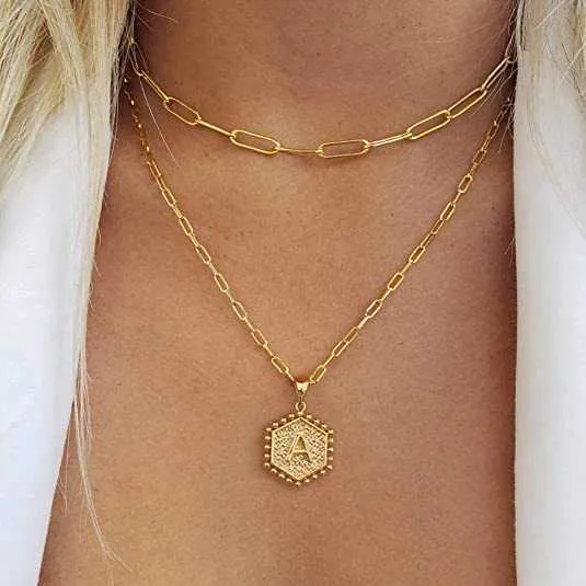 Collane girocollo a strati color oro vintage per semplice collana con ciondolo a 26 lettere regolabile iniziale gioielli da donna_voghion.com