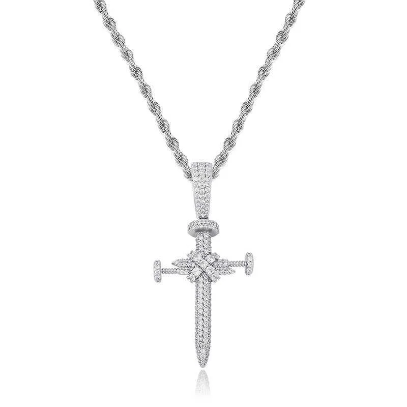 Unisex Ins Full Zircon Nail Cross Pendant Necklace Hip Hop Punk Jewelry Bling Real Yellow Gold Shiny Cz Stone Cubic_voghion.com