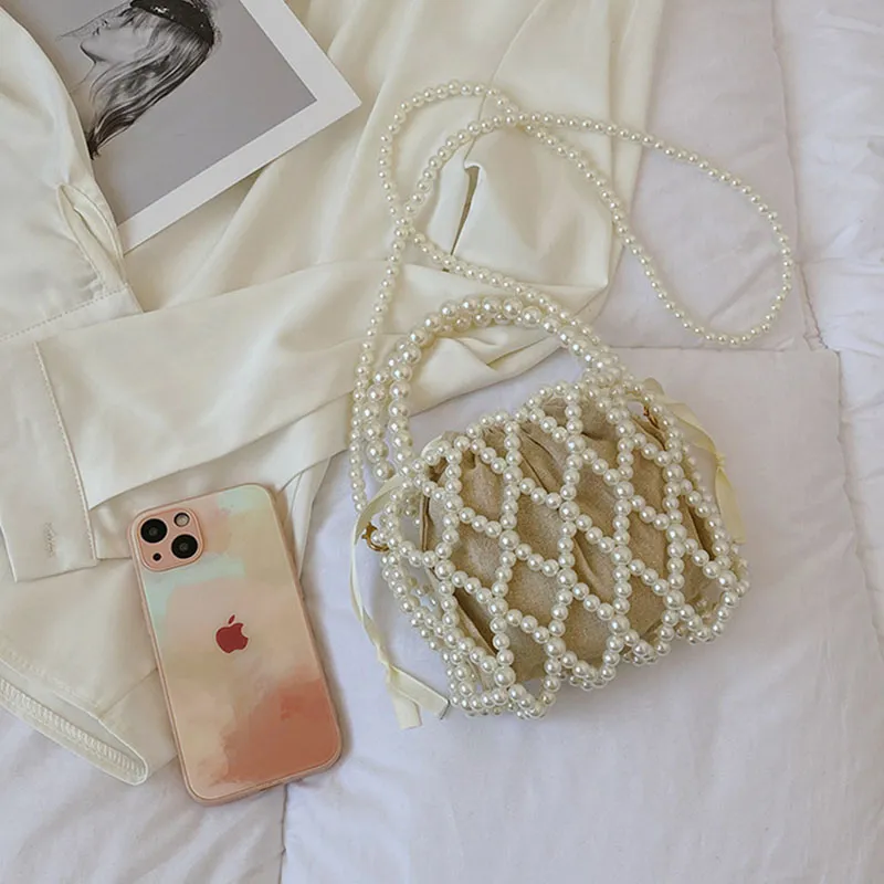 Yogodlns Mini borsa a secchiello da donna, borsa a tracolla intrecciata con perle, borsa a mano, portafoglio, borsa a tracolla da donna_voghion.com