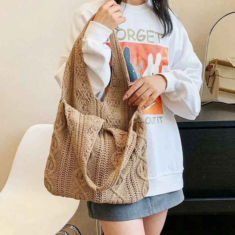 Vintage Strick Schultertasche Für Damen, Große Handtasche Casual_voghion.com
