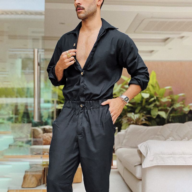 2024 Mænd Ensfarvet Jumpsuit Playsuit Knapper Casual Cargo Tøj Overalls Turn Down Krave Langærmet Oversized_voghion.com