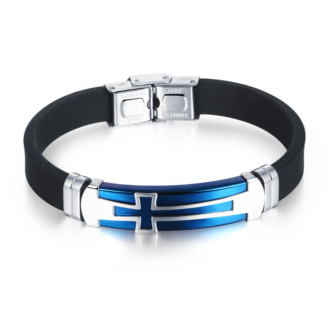 Braccialetti da uomo in silicone nero Classico in acciaio inossidabile Grande croce Gioielli da uomo Accessori con ciondolo religioso 2 colori1_voghion.com