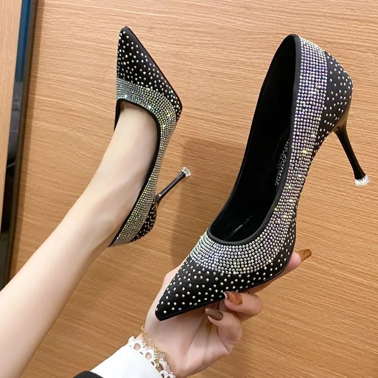 Korean Version High Slim Heels Shallow Toe Pointed Rhie Single Shoes_voghion.com