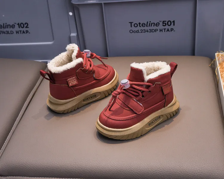 Toddler PU Leather Snow Children Thick Warm Boy's Cotton Anti-slip Girl Fur Boots For Cutefeet Kids Winter Plush Shoes_desvips.com