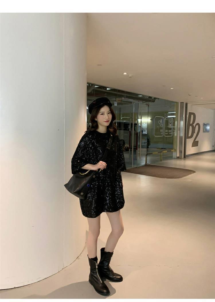 Women's slimming sequin heavy industry T-shirt casual short-sleeved T-shirt_voghion.com