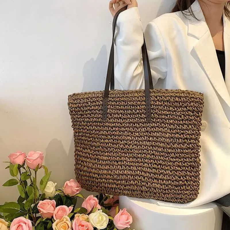 Fashion turf large capacity shoulder shopping bag womens vacation beach wallet Bohemian ragtan knitted handbag Y241011_voghion.com