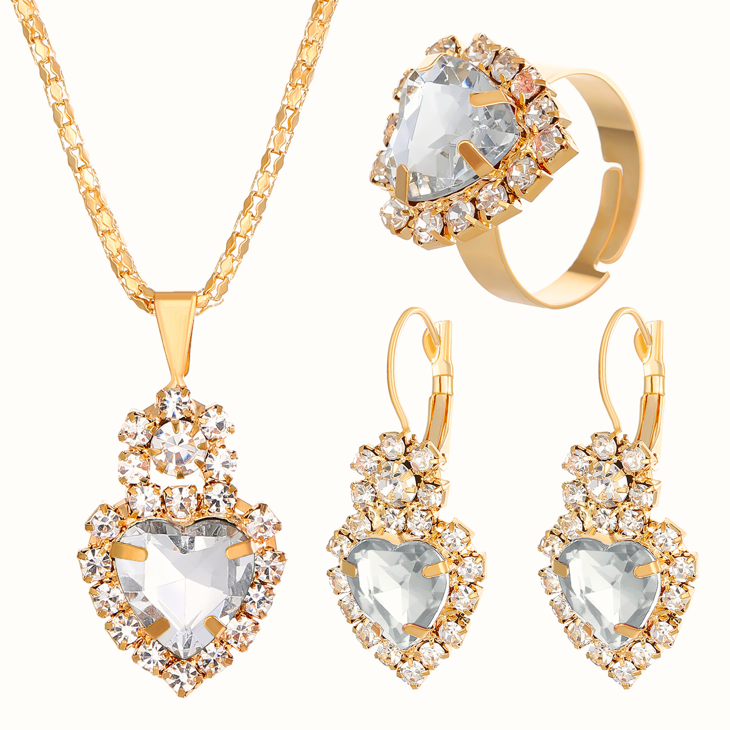 Conjunto de tres piezas de joyería nupcial brillante con anillo y pendientes de collar de diamantes de agua de amor personalizado_voghion.com