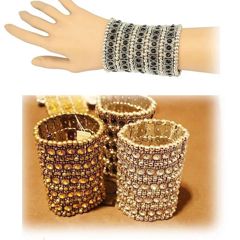 Pulseras elásticas anchas de moda clásicas con dijes, estilo retro punk exagerado, de cinco filas de cristales retráctiles, tejidas con cuentas a mano._voghion.com