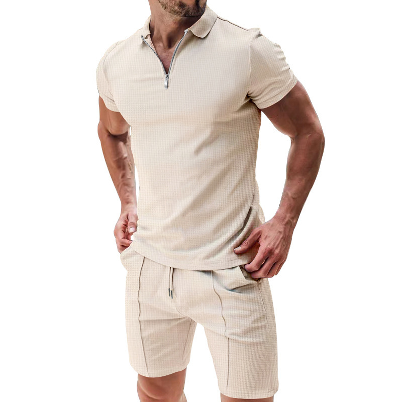 Herren Polo Shirt Set Kurzarm Sommer Freizeit Outfit Waffeloptik_voghion.com