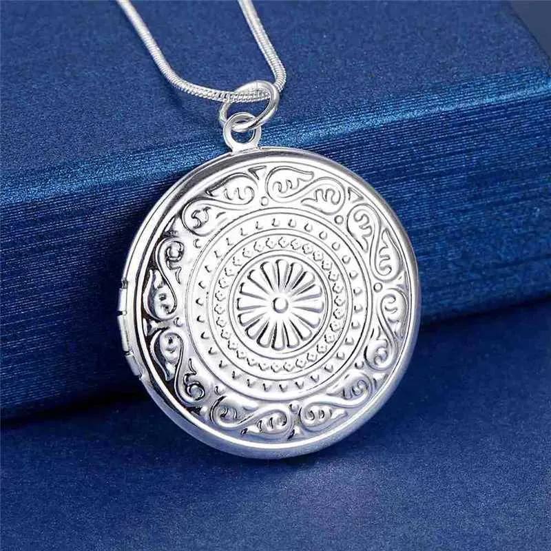 Pendant Necklace Locket Necklace Silver Color Photo Frame Chain_voghion.com