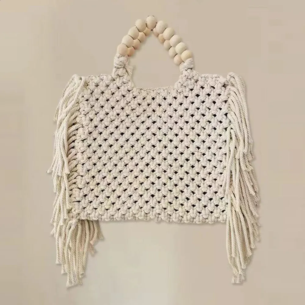 Knitted Tote Bag With Tassel Beading Large Capacity Beach Bag_voghion.com