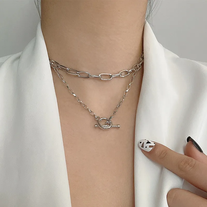 Catene Vintage Catena Spessa OT Fibbia Collana Girocollo Per Le Donne Punk Argento Colore Metallo Geometrico Stratificato Gioielleria di Moda_voghion.com
