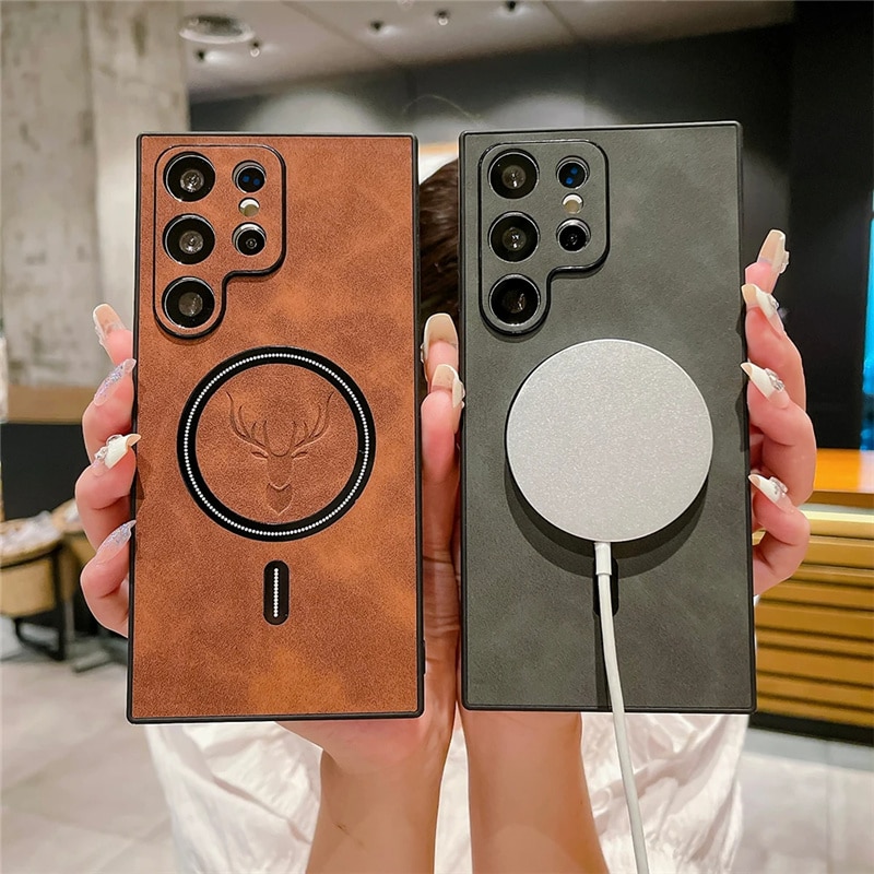 Deer Head Leather Magnetic Case For Samsung S24 S23 S22 S21 Ultra Plus FE Note 20 Wireless Charging Cover Accessories_voghion.com