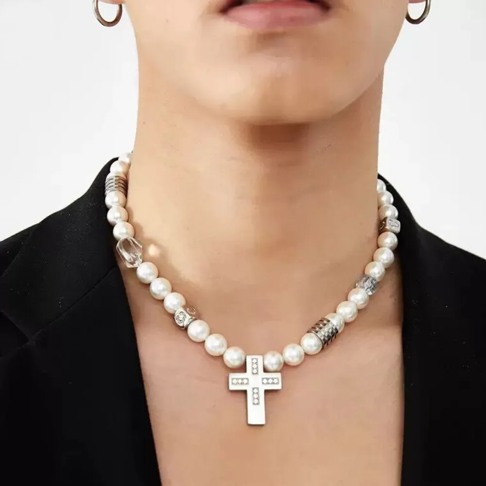 Edelstahl Kreuz Perlenkette Für Damen Und Herren Modeschmuck_voghion.com